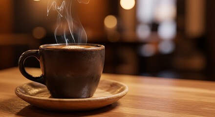 Steaming Espresso Cup on Rustic Saucer