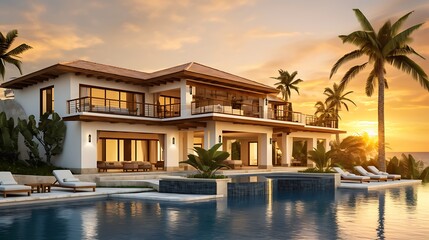 Luxury villa exterior featuring a combination of white stucco, natural stone, dark wood accents, large pool in the foreground, warm golden hour lighting, and tropical landscaping, full frame,