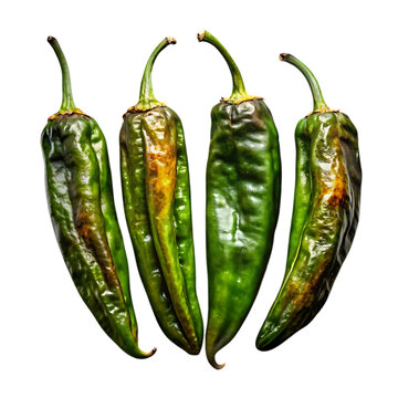 Four roasted green hatch chiles with charred skin on black background