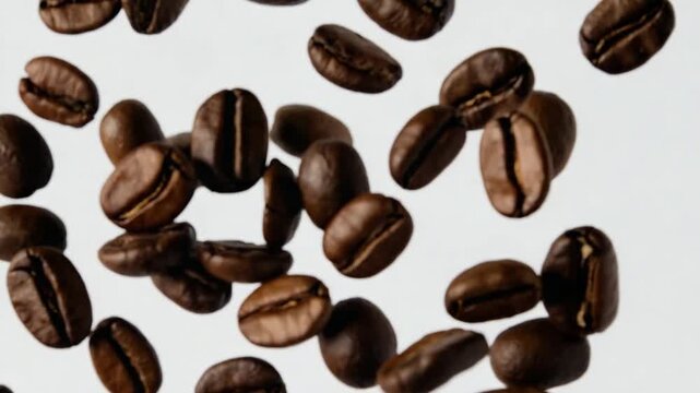 floating roasted coffee beans on white background video zoom in 