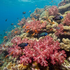 Fototapeta premium Vibrant coral reef teeming with colorful fish creating a stunning underwater ecosystem scene