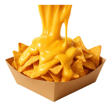Molten cheese sauce streaming over nachos in a kraft paper container.