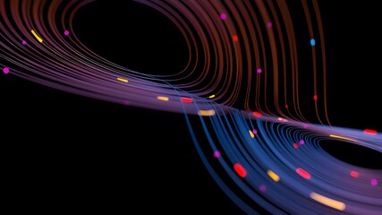Abstract swirling light trails with colorful bokeh on black background