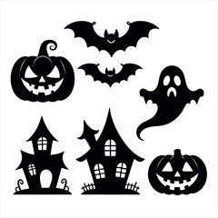 Obraz premium Vector art of halloween silhouettes featuring pumpkins, bats, and ghost