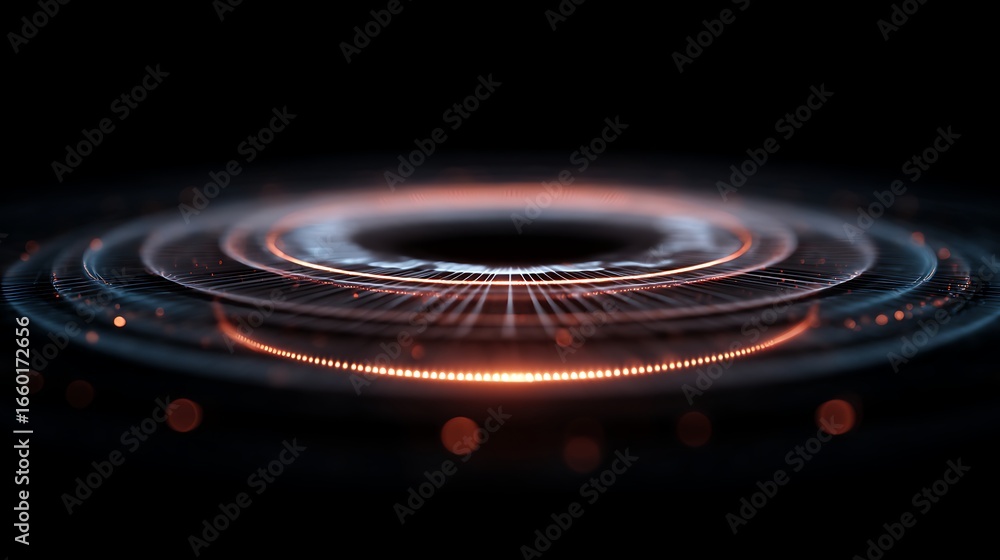 Poster abstract futuristic hologram with glowing circles and blurred lights, creating a dynamic and visuall
