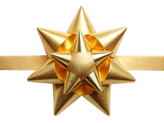 Gold star gift bow with ribbon across background golden shiny isolated on a transparent background