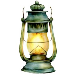 水彩画の緑と金色のランタン 炎の灯り ヴィンテージ感 白い背景