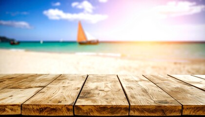 Wooden Tabletop with Blurred Beach Scene Sailboat and Sunny Sky.