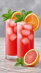 Refreshing summer cocktails, vibrant pink drinks with ice, garnished with mint and orange slices, perfect for a party.