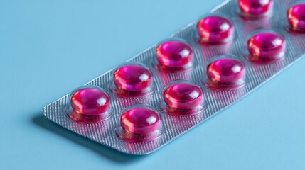 Blister pack of round, translucent, red capsules on a bright blue background
