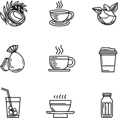 Coconut Coffee black Line Editable Icons set