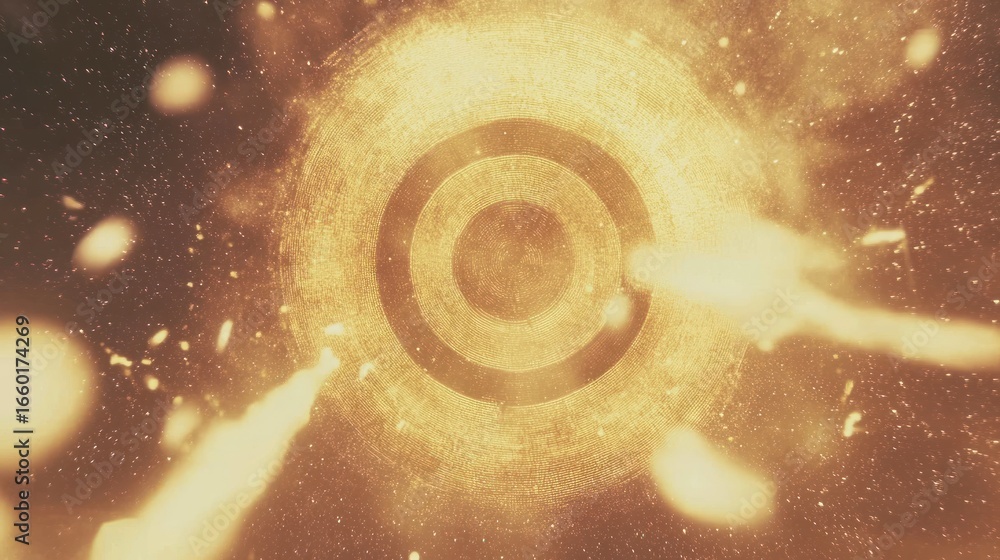 Poster abstract gold target with dust particles, creating a visually striking design for backgrounds or