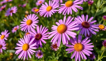 Close-up of vibrant purple daisies in a lush garden, field, lavender