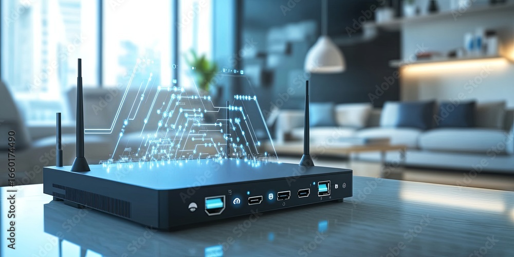 Poster home network management: a home with a robust network setup, featuring a router and mesh network for