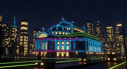 Vibrant Night Cityscape: Ornate Building Illuminated by Neon Lights Against a Modern Urban Skyline
