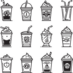 Coffee Frappuccino black Line Editable Icons set