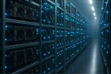 Bitcoin Mining Farm with GPU Rigs and Cooling Fans