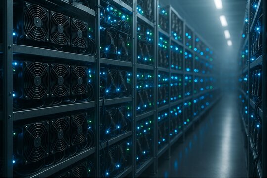 Bitcoin Mining Farm with GPU Rigs and Cooling Fans