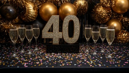 A festive and elegant 40th birthday or anniversary celebration featuring a glittering number 40, champagne glasses, and golden decorations. Perfect for milestone events.
