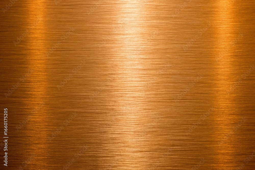 Poster close up of a shiny copper metal sheet with a horizontal brushed texture, ideal for backgrounds and 
