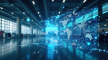 Fototapeta premium Digital World Map Projected in a Bright, Tech-forward Industrial Setting