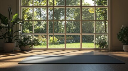 Empty yoga mat in sunlit room with garden view
