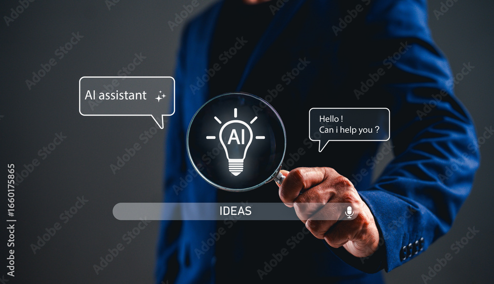 Poster a person in a suit interacts with a digital interface, showcasing an ai assistant and the concept of
