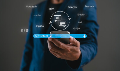 A hand holding a smartphone displays various languages and an AI assistant interface, illustrating...
