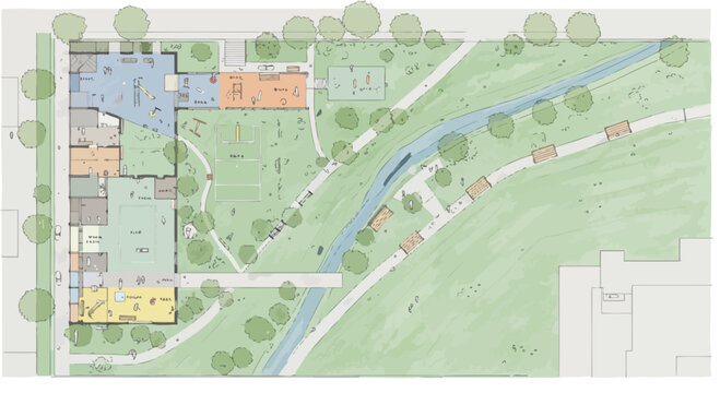 Detailed architectural plan showcasing a park with buildings and recreational spaces