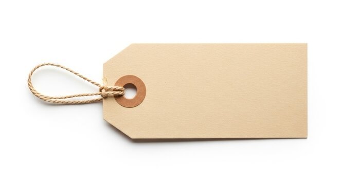 Blank beige tag with rope on white background