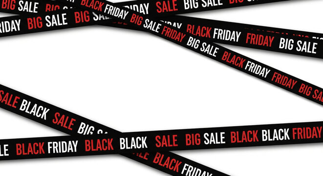 A seamless pattern of promotional barrier tapes with text like Black Friday Big Sale and fifty percent off perfect for creating eye-catching retail backgrounds