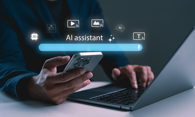 A person using a smartphone and laptop, interacting with an AI assistant interface displayed on the screen, symbolizing technology and communication.