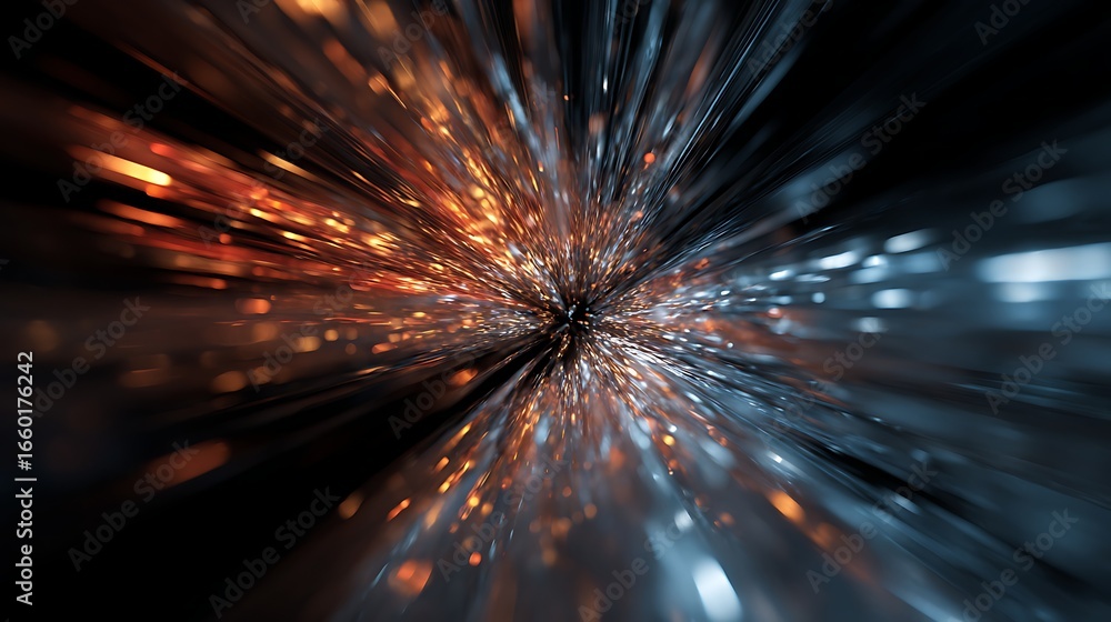 Poster an abstract explosion of light and color, creating a sense of speed and motion, as if traveling thro