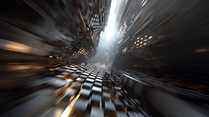A blurred perspective of an abstract city tunnel, creating a sense of speed and motion, with futuristic architecture and a dynamic composition