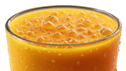 Close up shot of a glass filled with orange juice, with bubbles and water droplets