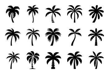 Collection of Black Silhouette Palm Tree Icons on White Background