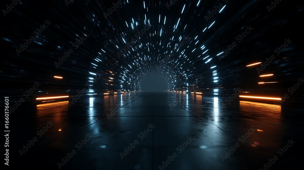 Poster a futuristic tunnel with neon lights creating a sense of motion and speed in a dark and abstract spa