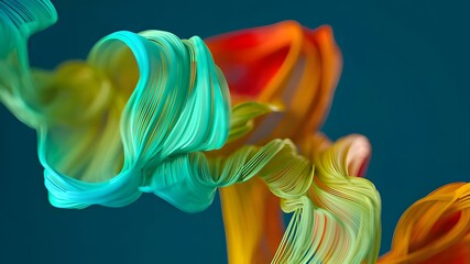 Vibrant abstract fluid art with swirling colorful ribbons against a dark background