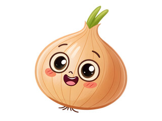 Cute cartoon yellow onion with a happy face and green sprouts