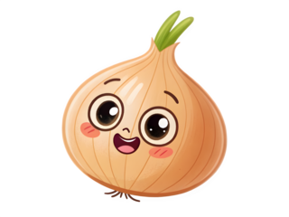 Cute cartoon yellow onion with a happy face and green sprouts