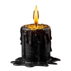 Black candle with dripping wax and flame isolated on transparent background