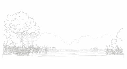 Delicate line art illustration featuring a tranquil wetland environment with trees