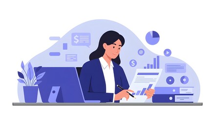 Businesswoman Reviewing Quarterly Earnings Reports At Her Desk In Modern Office, Financial Planning, Corporate Analysis, Investment Strategy, And Professional Business Success