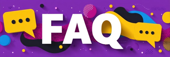 Faq Infographic. Question and Answer Layout Template with Geometric Shapes and Bubble Messages in Purple Yellow White
