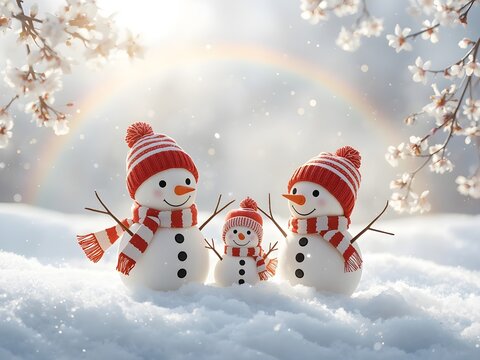  Three Cute Snowmen in a Snowy Winter Wonderland with Rainbow., Adorable Snowmen Friends Enjoying a Winter Wonderland.