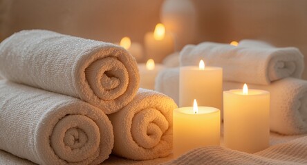 Luxurious Spa Arrangement with Rolled Towels and Glowing Candles, Close Up View.