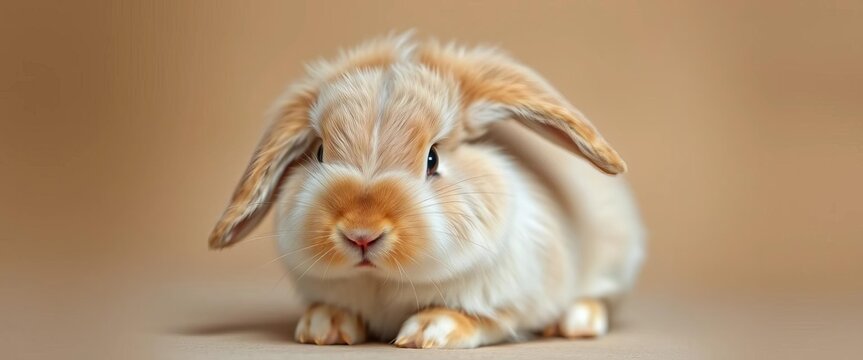 Fluffy lop-eared bunny with long ears, twitching nose, and soft fur, sitting peacefully,  grey,  easter