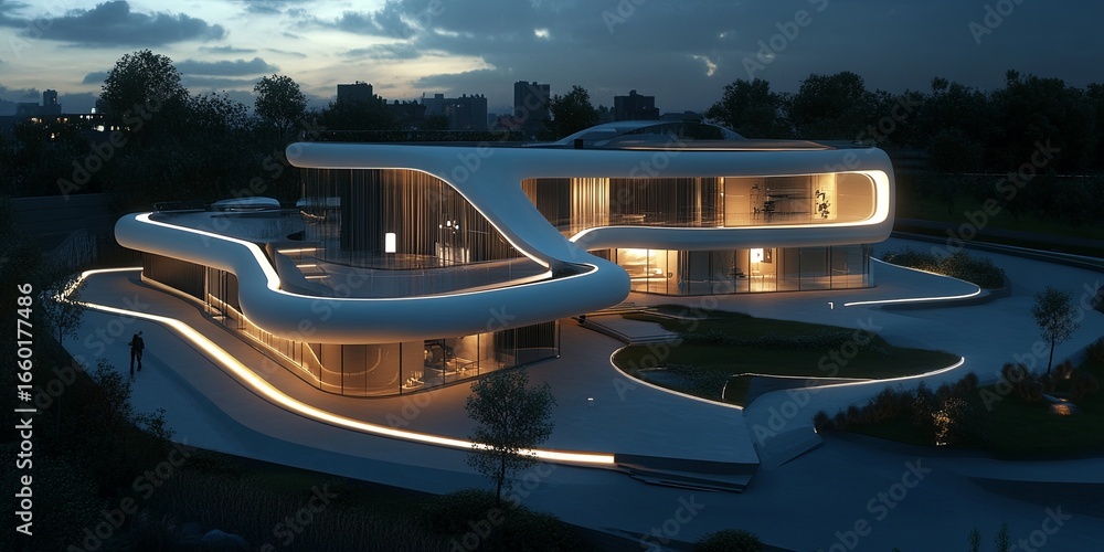 Poster a futuristic home with motion-activated smart lighting that illuminates only the spaces in use, prov