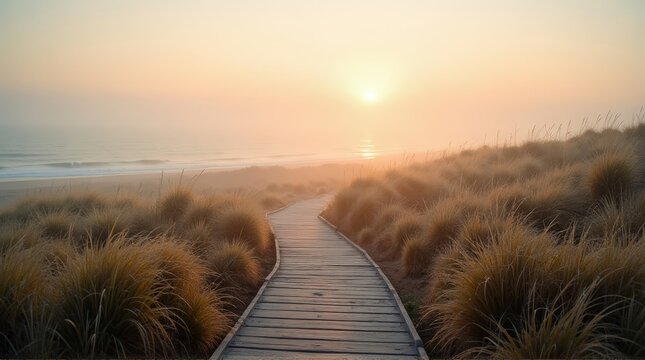 Sunset Over Beach Pathway Surrounded by Coastal Grass Under Warm Sky