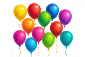 Vibrant balloons hovering against white space, conveying festive mood for design projects, party graphics, celebratory communications, birthday-themed layouts